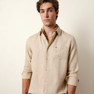 beige woven solid slim fit casual shirt
