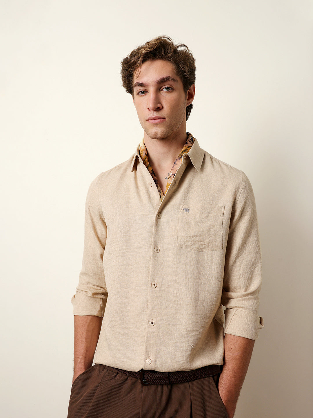beige woven solid slim fit casual shirt beige woven solid slim fit casual shirt
