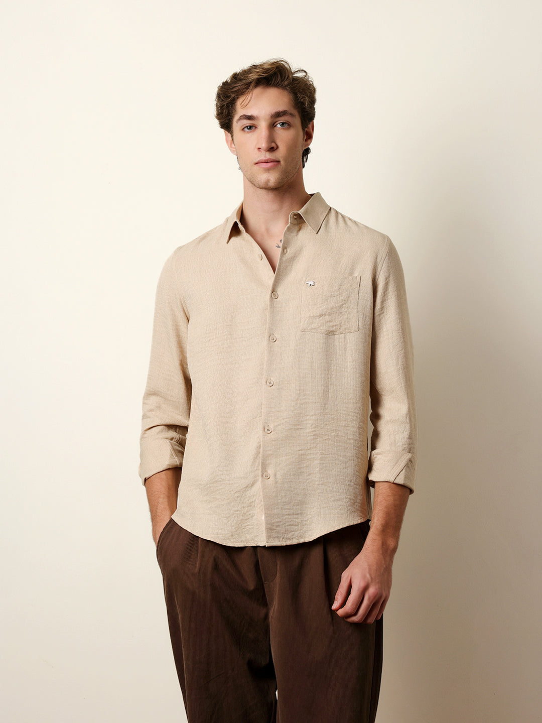beige woven solid slim fit casual shirt beige woven solid slim fit casual shirt