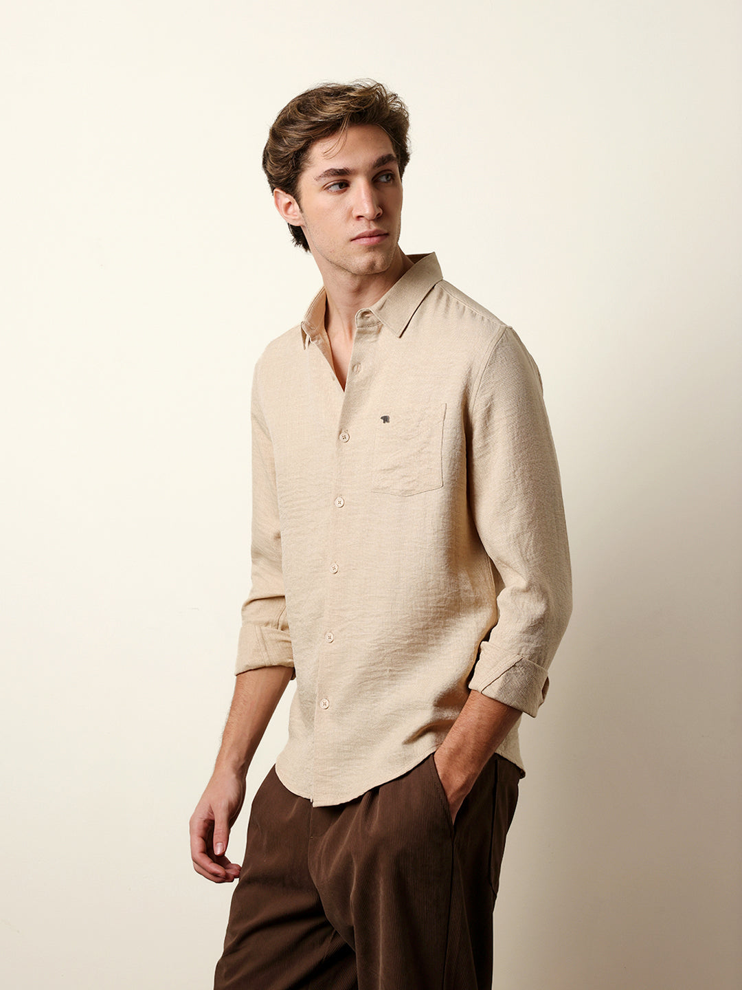 beige woven solid slim fit casual shirt beige woven solid slim fit casual shirt