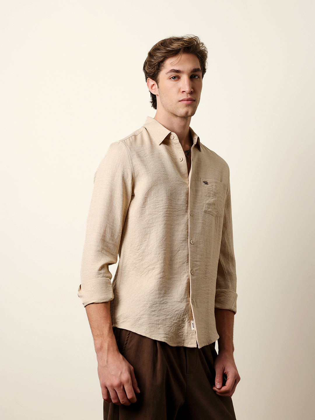 beige woven solid slim fit casual shirt beige woven solid slim fit casual shirt