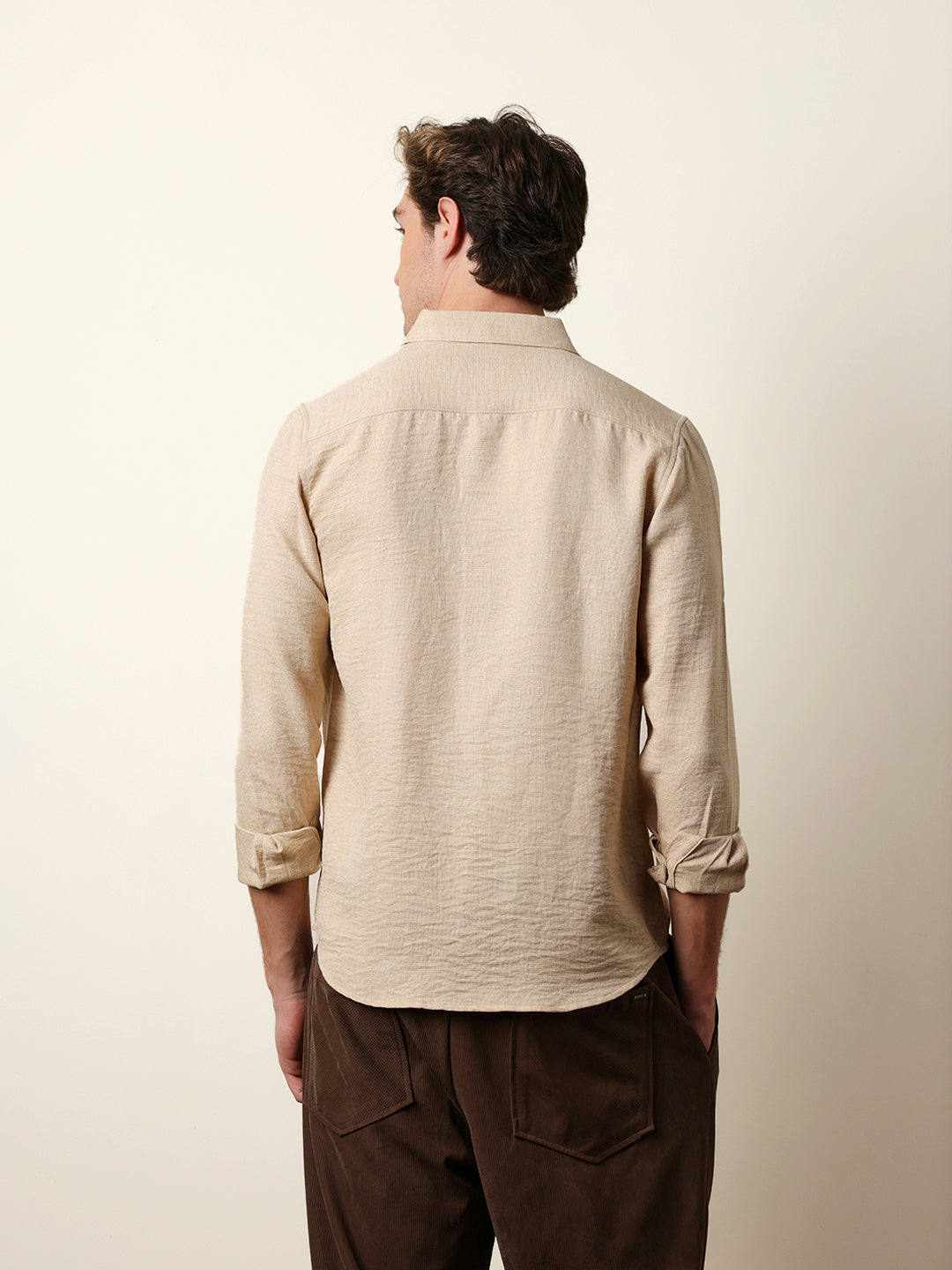 beige woven solid slim fit casual shirt beige woven solid slim fit casual shirt