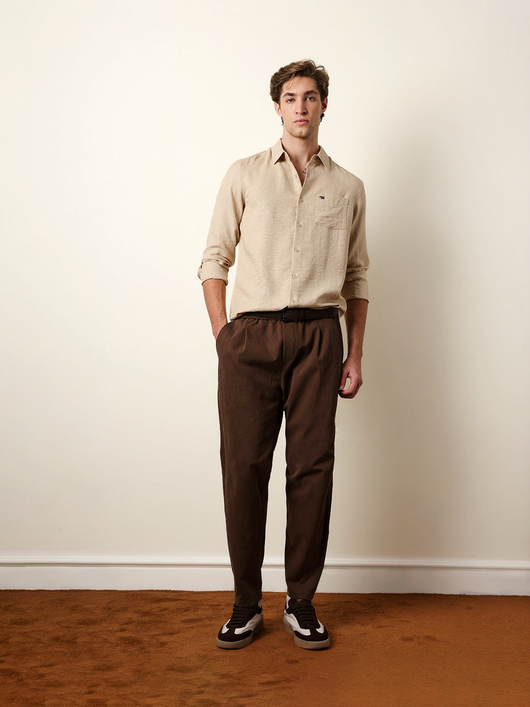 beige woven solid slim fit casual shirt beige woven solid slim fit casual shirt