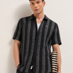 black woven vertical stripe regular fit half sleeve casual shirt
