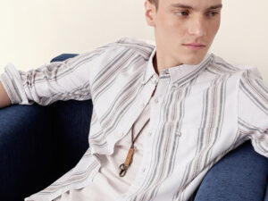 white vertical woven stripe slim fit casual shirt