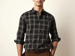 black regular fit woven checked casual shirt