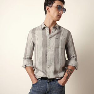grey vertical woven stripe slim fit casual shirt