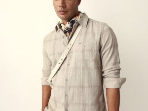 beige slim fit casual shirt with vertical stripes & horizontal texture design