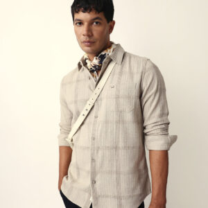 beige slim fit casual shirt with vertical stripes & horizontal texture design