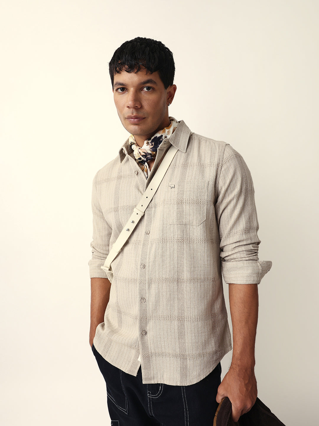 beige slim fit casual shirt with vertical stripes & horizontal texture design beige slim fit casual shirt with vertical stripes & horizontal texture design