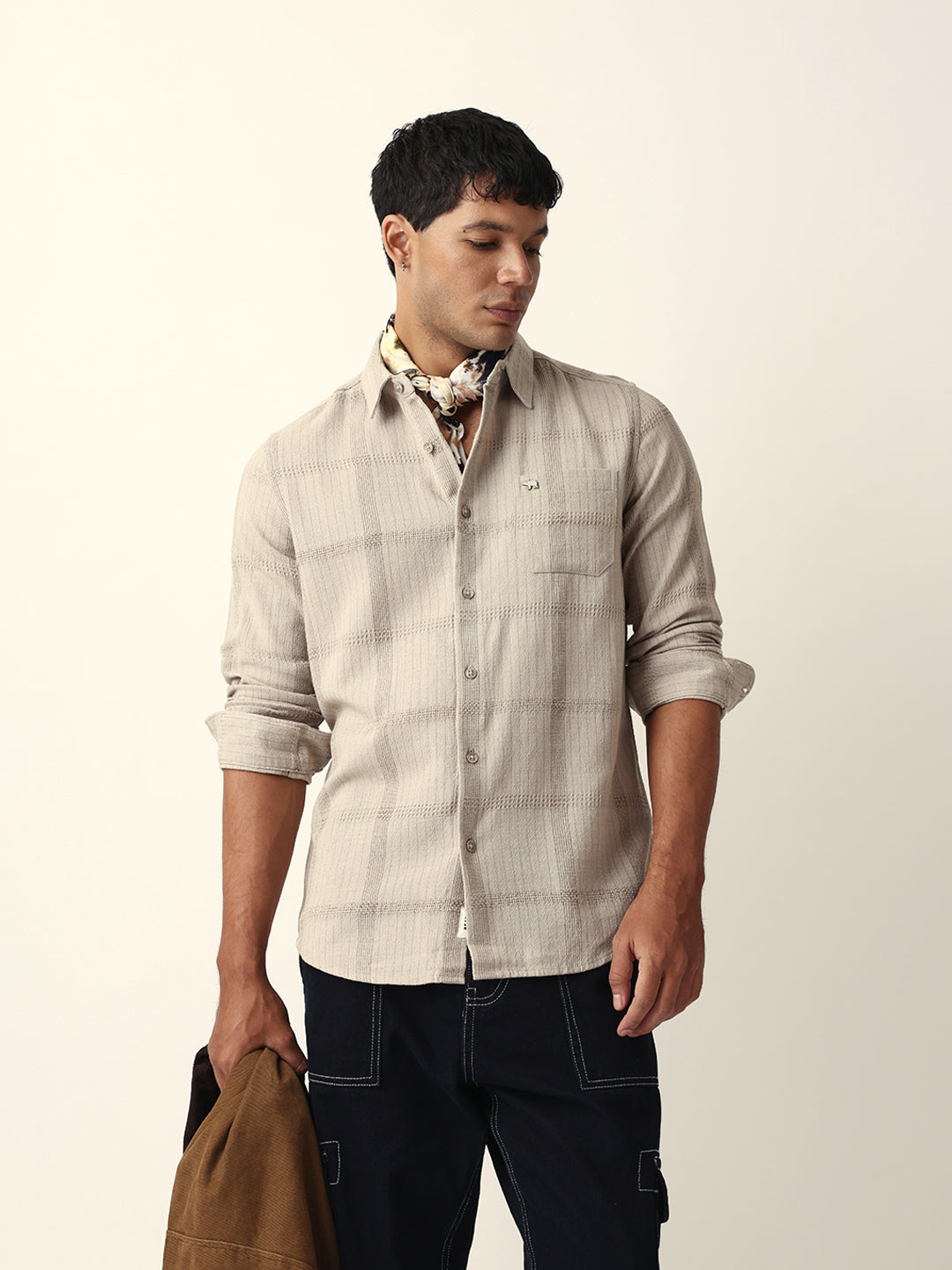 beige slim fit casual shirt with vertical stripes & horizontal texture design beige slim fit casual shirt with vertical stripes & horizontal texture design