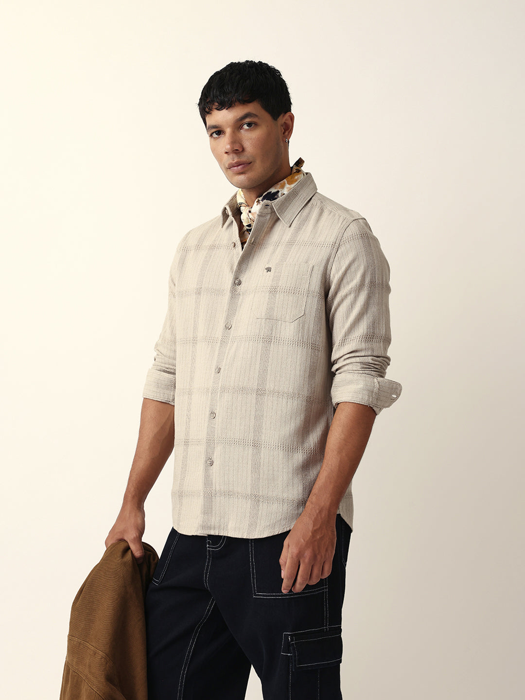 beige slim fit casual shirt with vertical stripes & horizontal texture design beige slim fit casual shirt with vertical stripes & horizontal texture design