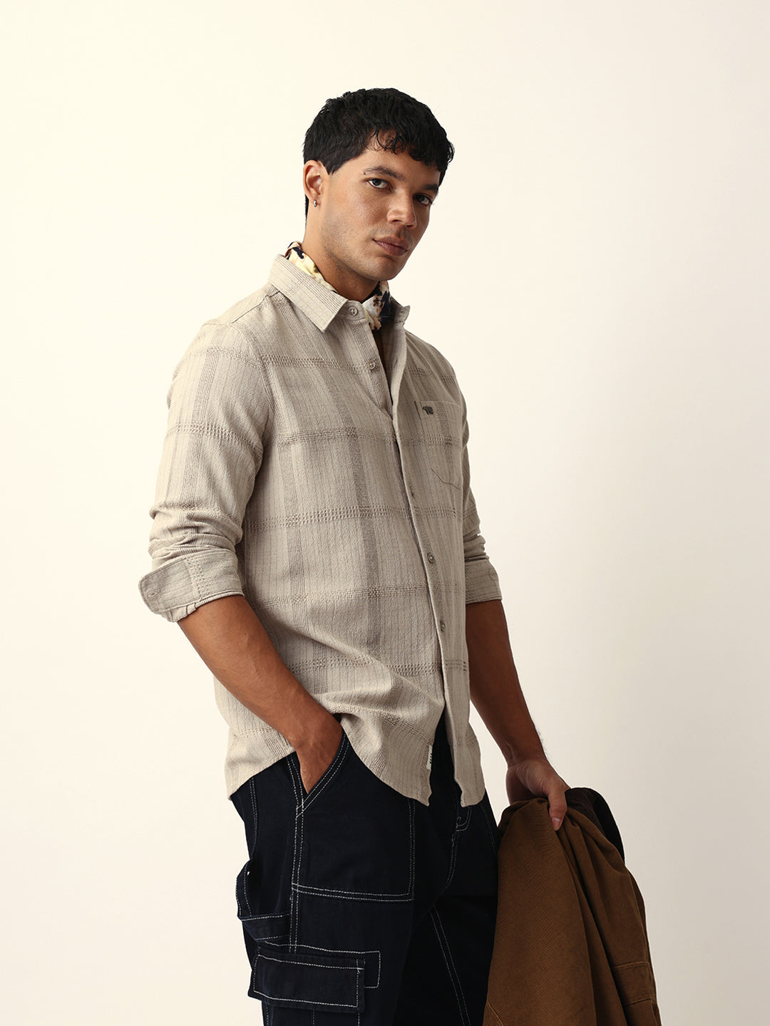beige slim fit casual shirt with vertical stripes & horizontal texture design beige slim fit casual shirt with vertical stripes & horizontal texture design