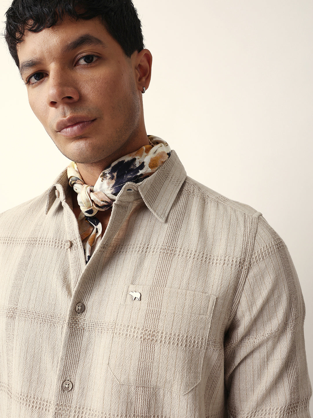 beige slim fit casual shirt with vertical stripes & horizontal texture design beige slim fit casual shirt with vertical stripes & horizontal texture design