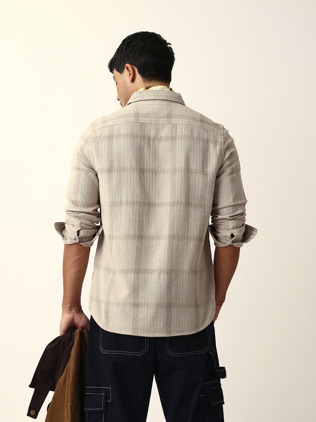 beige slim fit casual shirt with vertical stripes & horizontal texture design beige slim fit casual shirt with vertical stripes & horizontal texture design