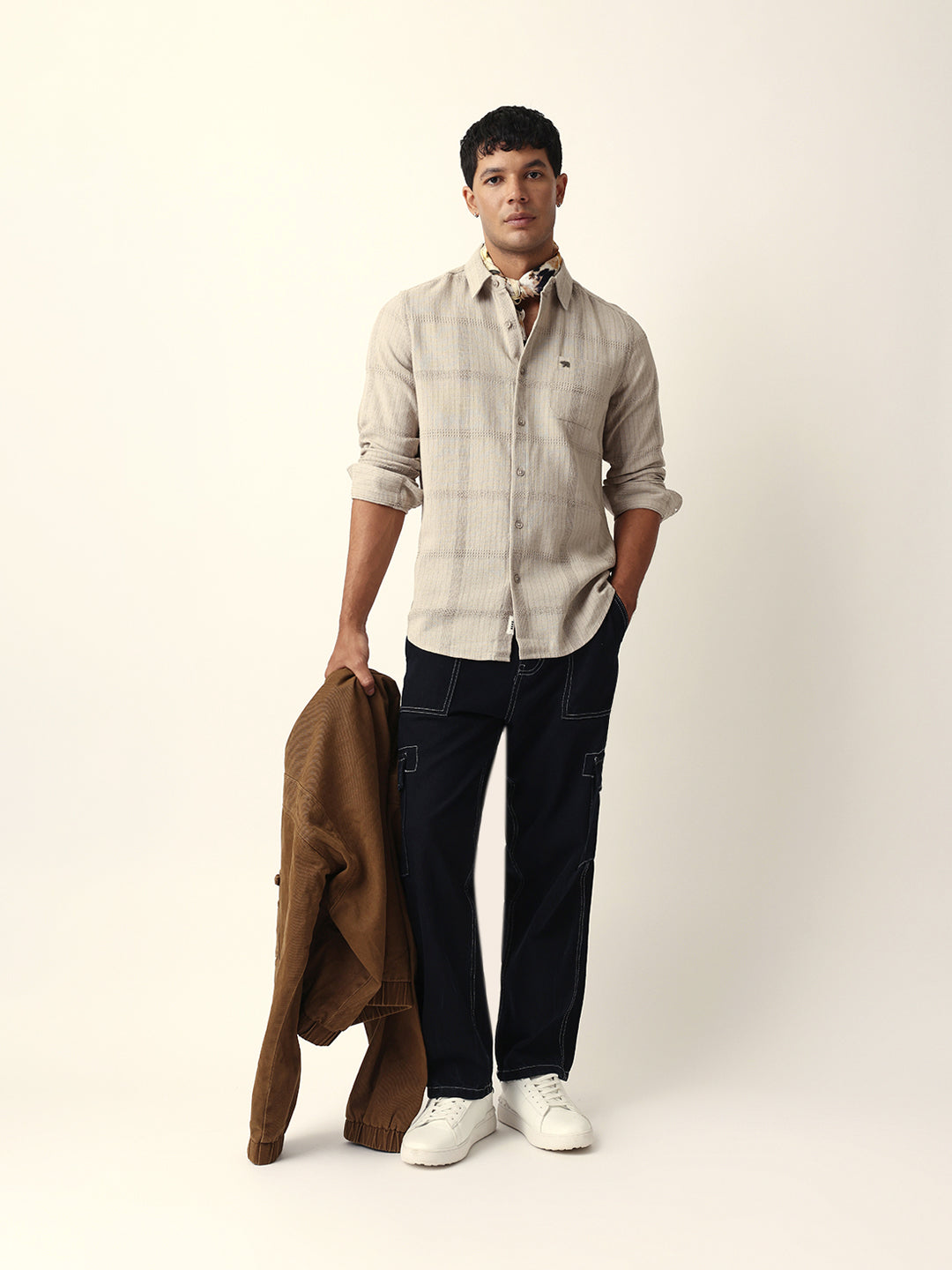 beige slim fit casual shirt with vertical stripes & horizontal texture design beige slim fit casual shirt with vertical stripes & horizontal texture design
