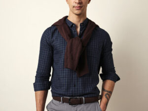 blue woven micro checked slim fit casual shirt
