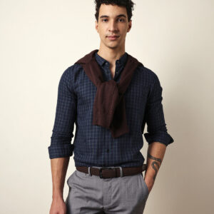 blue woven micro checked slim fit casual shirt