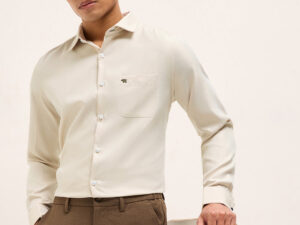 beige textured woven tailored fit formal shirt