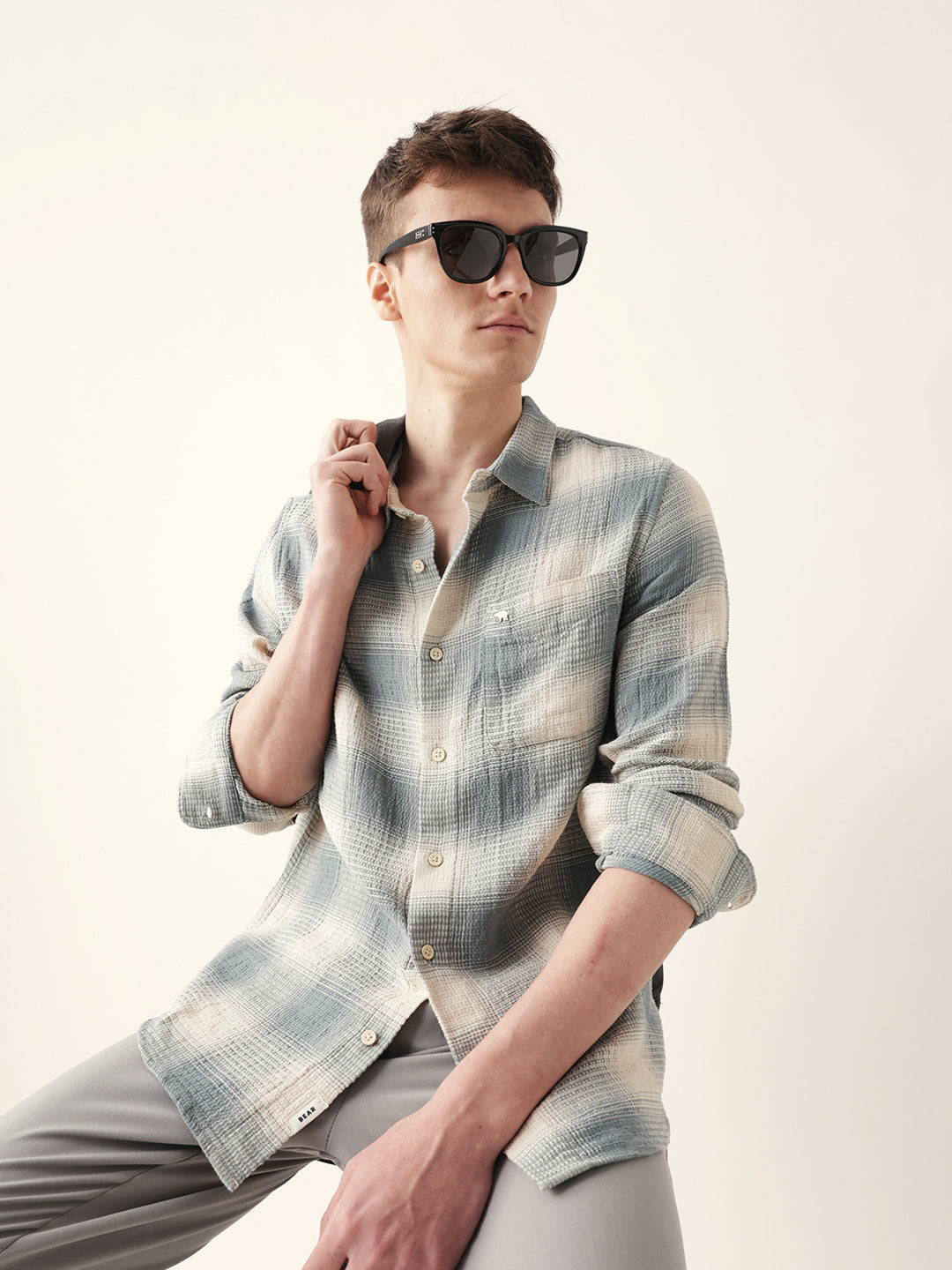 teal & cream woven textured checks regular fit casual shirt teal & cream woven textured checks regular fit casual shirt