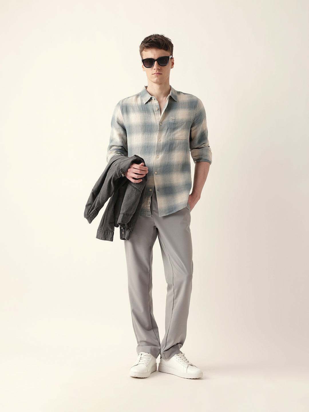 teal & cream woven textured checks regular fit casual shirt teal & cream woven textured checks regular fit casual shirt
