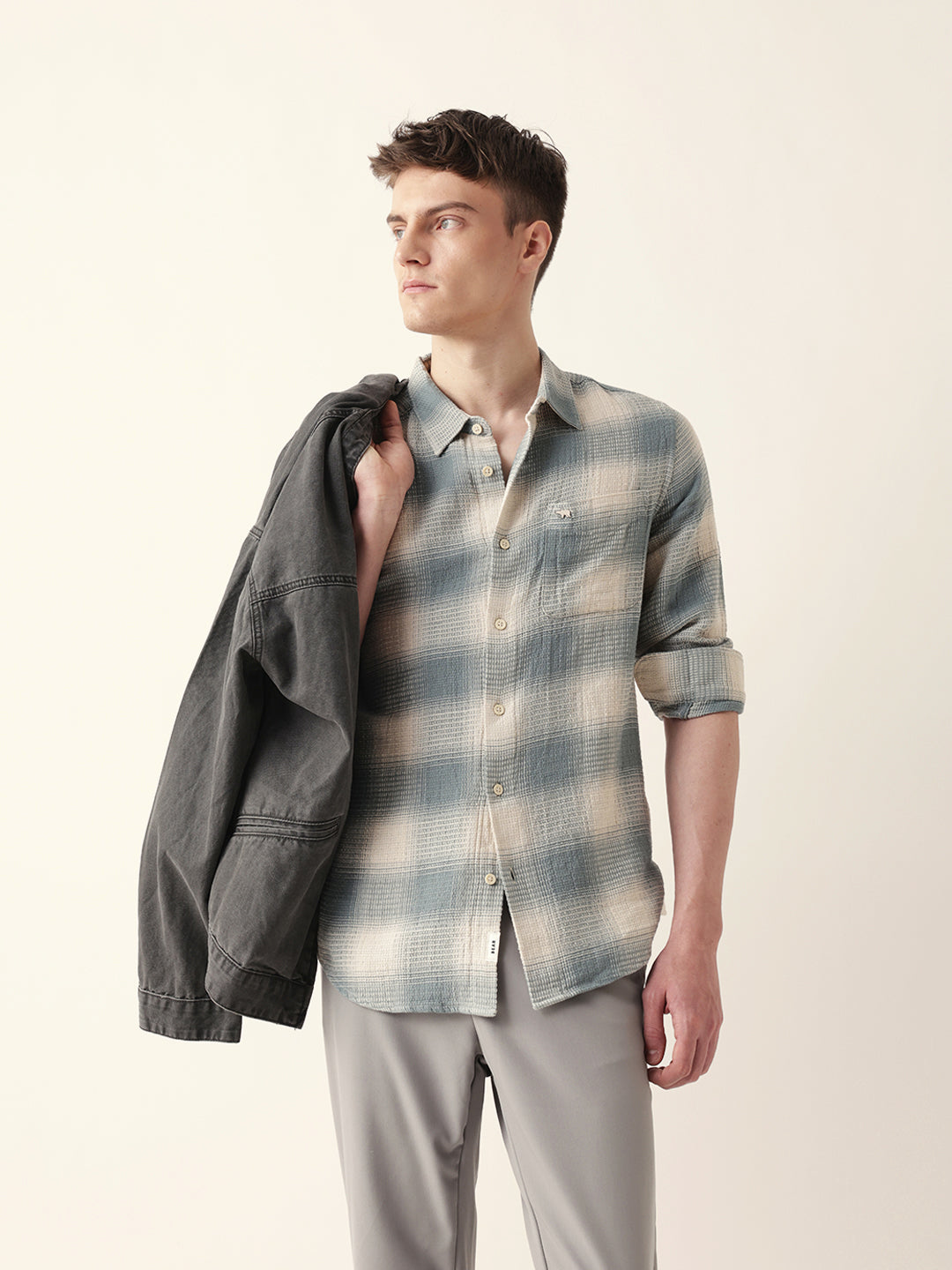 teal & cream woven textured checks regular fit casual shirt teal & cream woven textured checks regular fit casual shirt