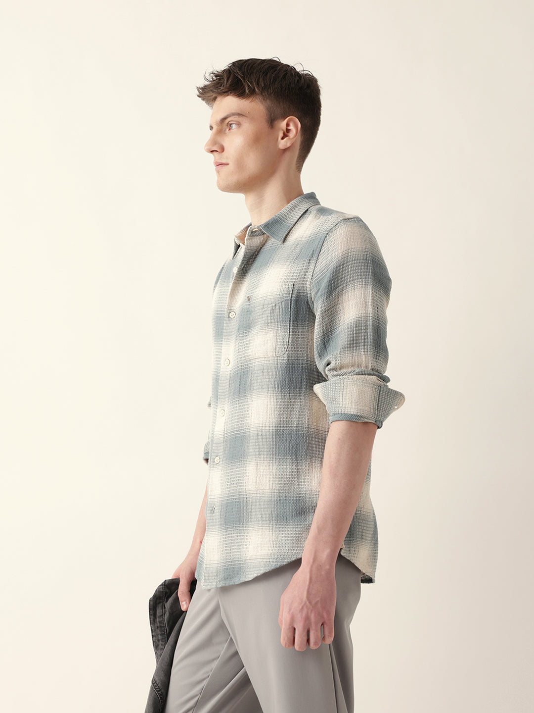 teal & cream woven textured checks regular fit casual shirt teal & cream woven textured checks regular fit casual shirt