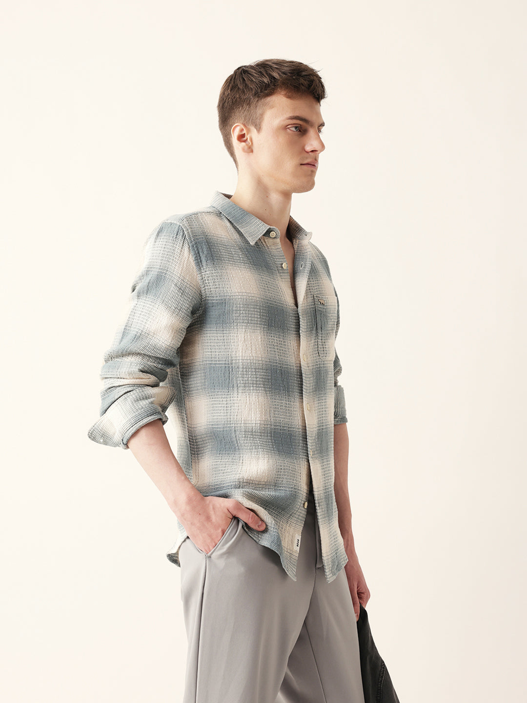 teal & cream woven textured checks regular fit casual shirt teal & cream woven textured checks regular fit casual shirt