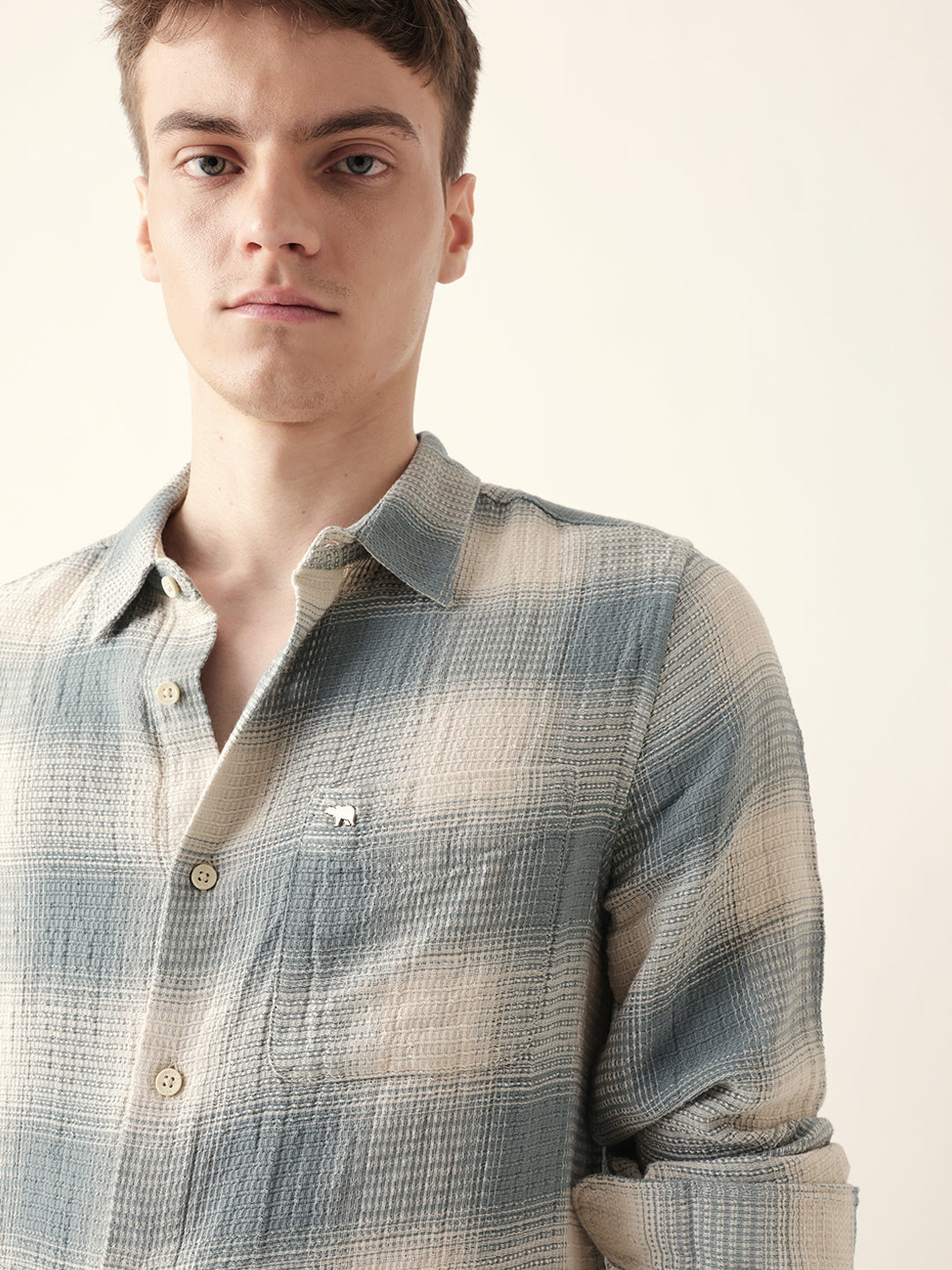 teal & cream woven textured checks regular fit casual shirt teal & cream woven textured checks regular fit casual shirt