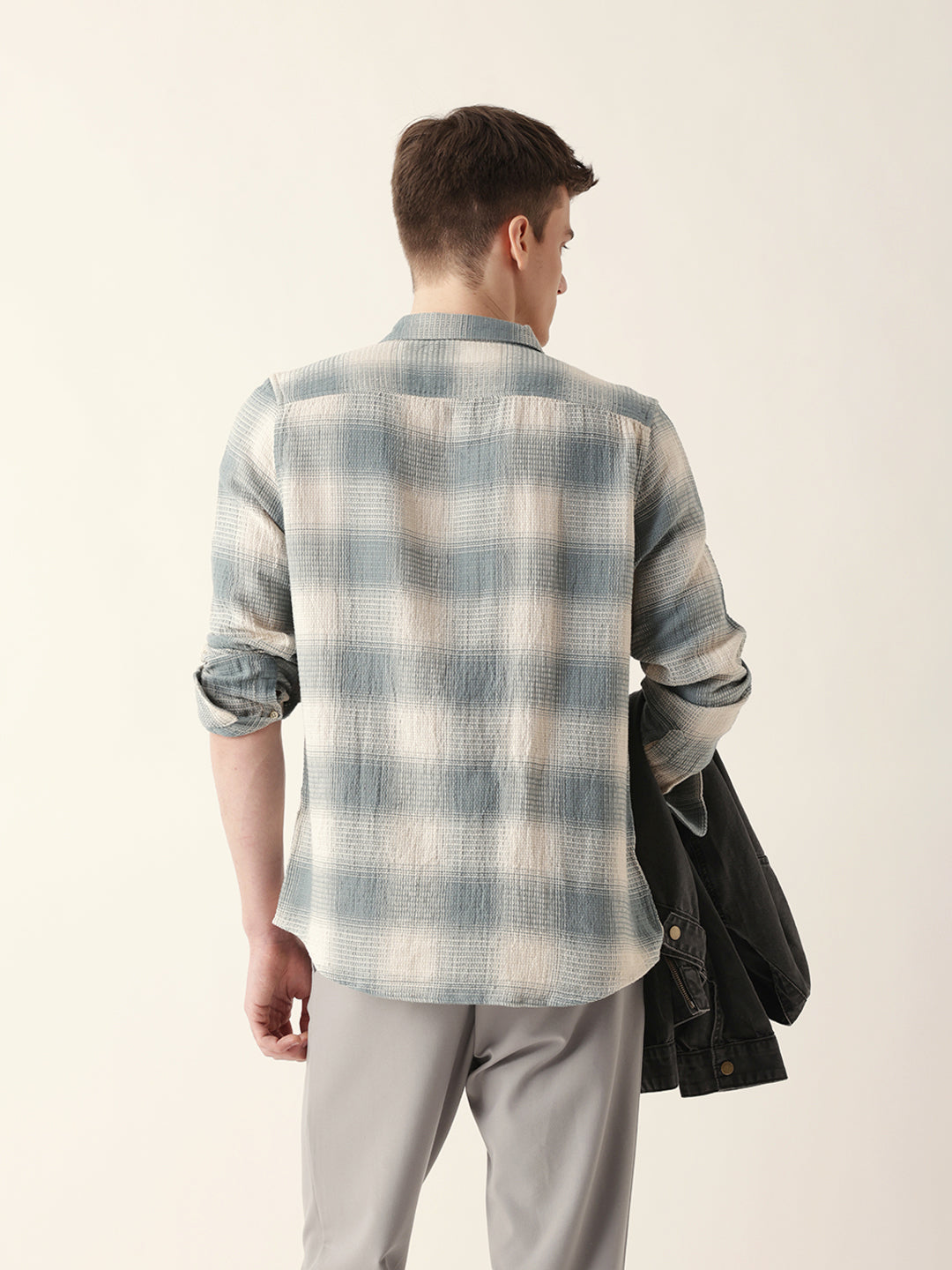 teal & cream woven textured checks regular fit casual shirt teal & cream woven textured checks regular fit casual shirt