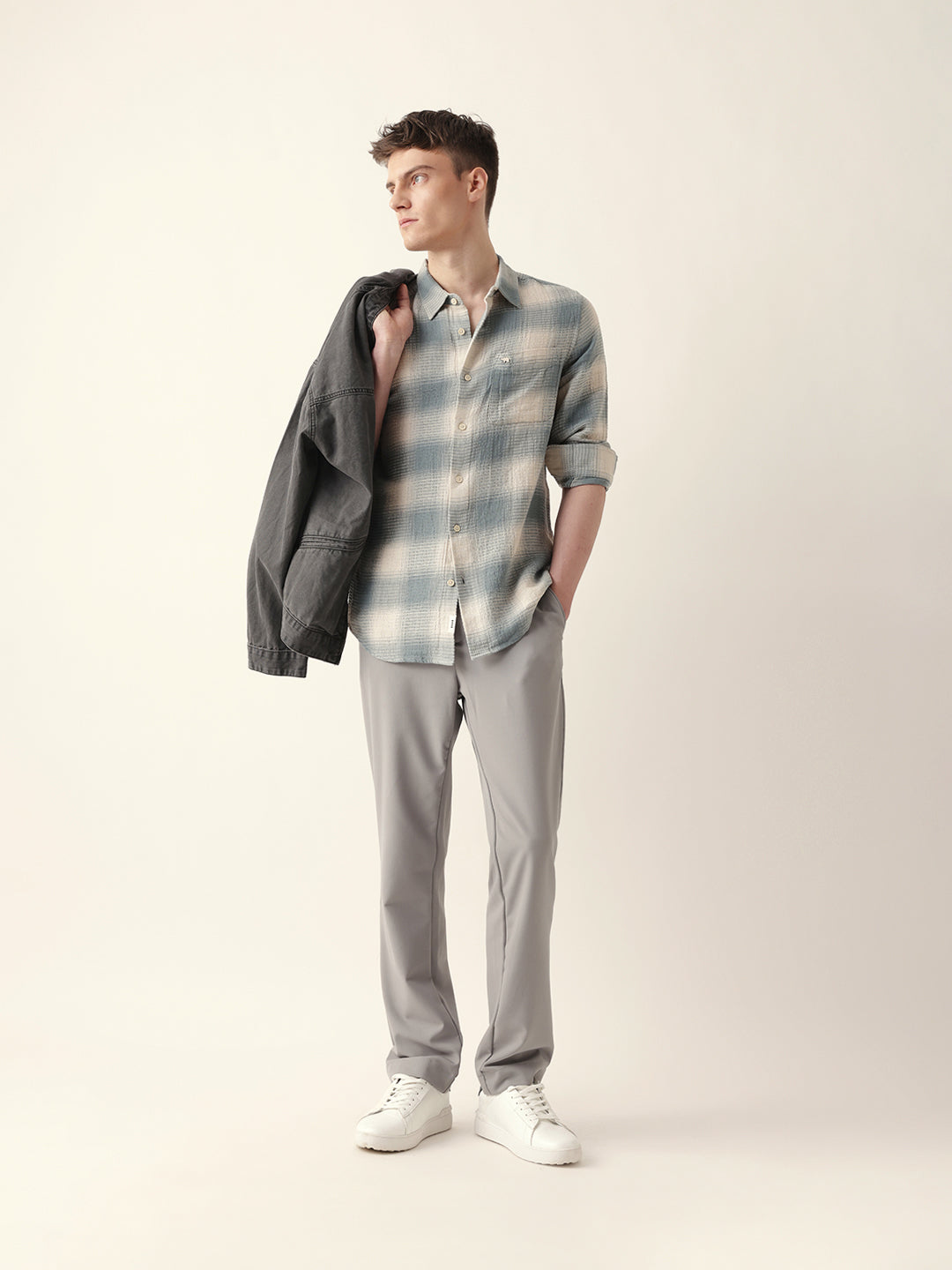 teal & cream woven textured checks regular fit casual shirt teal & cream woven textured checks regular fit casual shirt