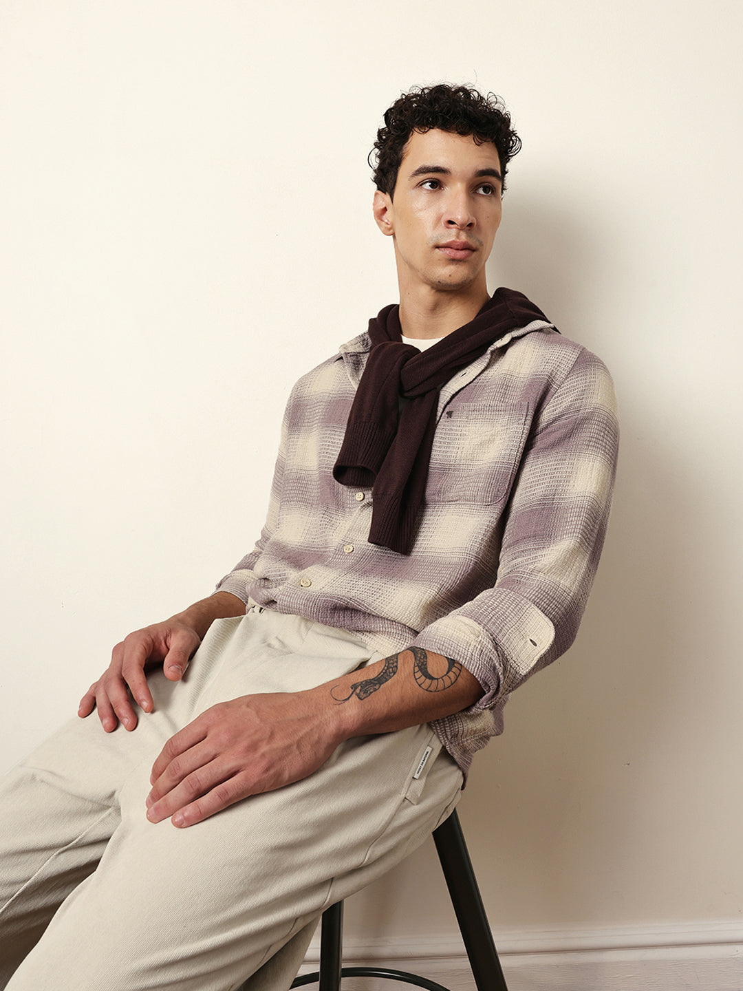 purple & cream woven textured checks regular fit casual shirt purple & cream woven textured checks regular fit casual shirt