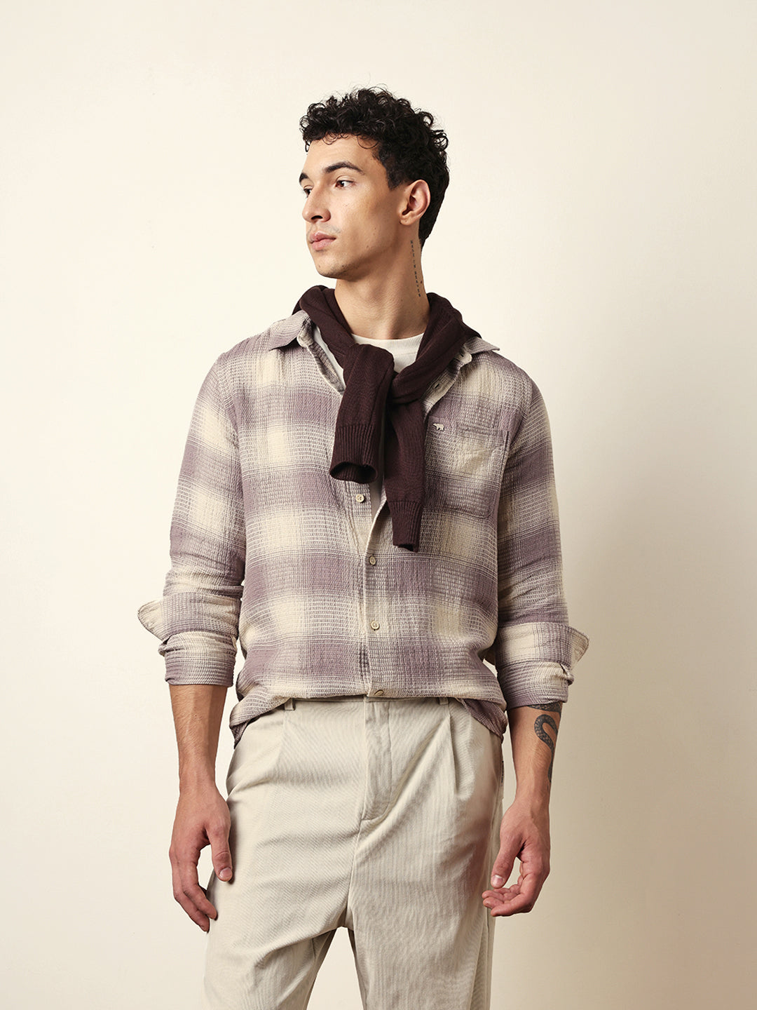 purple & cream woven textured checks regular fit casual shirt purple & cream woven textured checks regular fit casual shirt