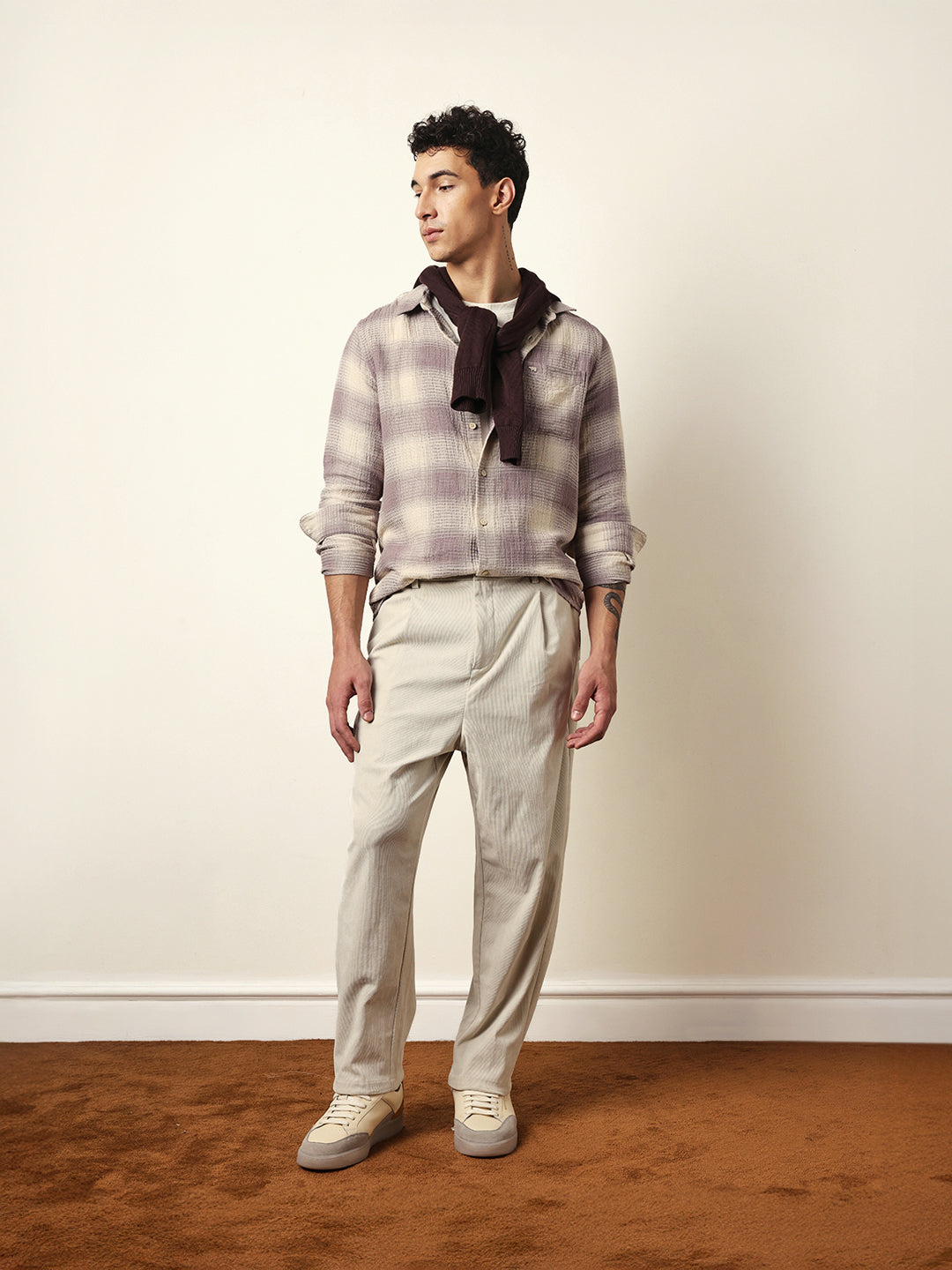 purple & cream woven textured checks regular fit casual shirt purple & cream woven textured checks regular fit casual shirt
