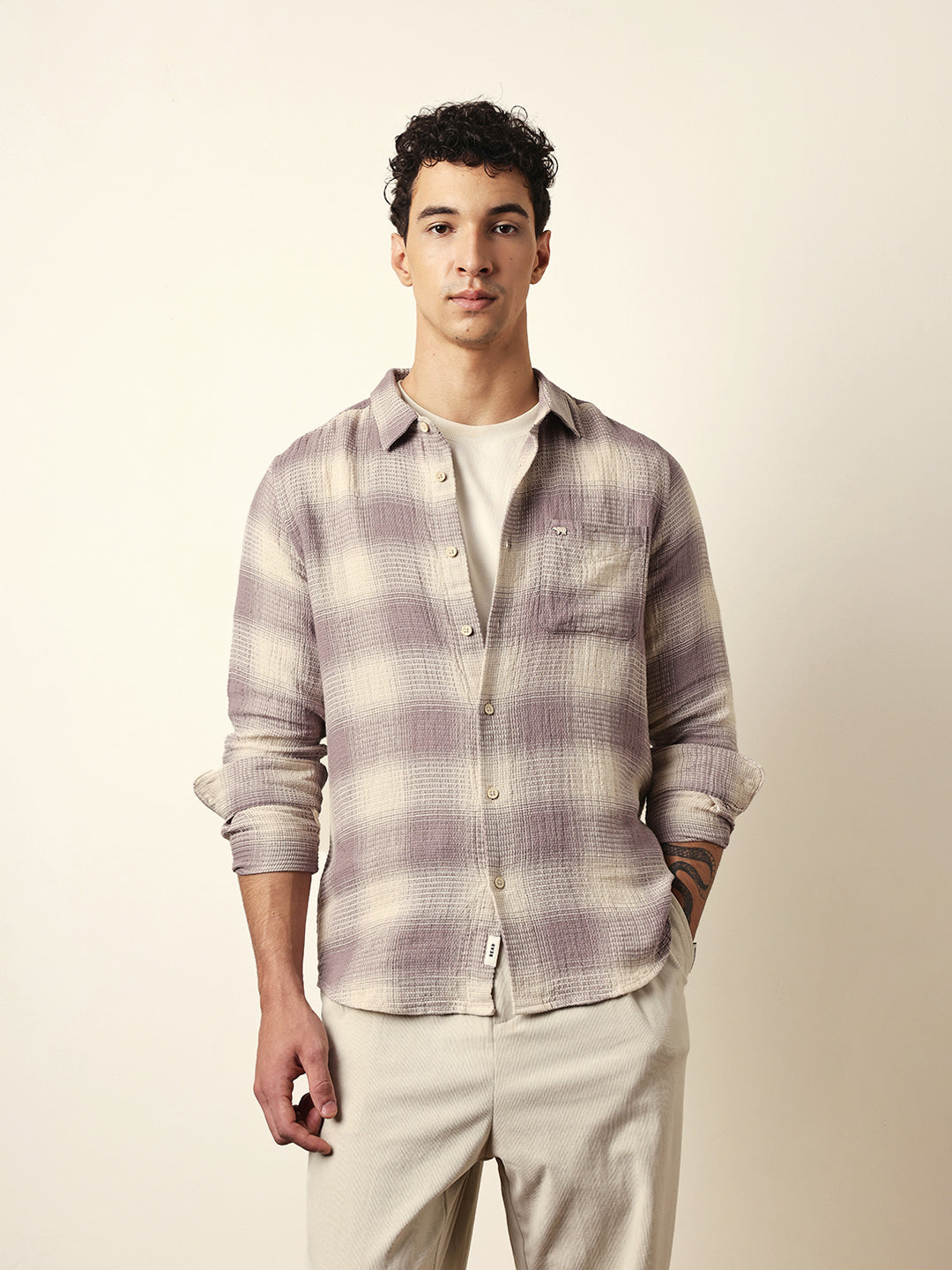 purple & cream woven textured checks regular fit casual shirt purple & cream woven textured checks regular fit casual shirt