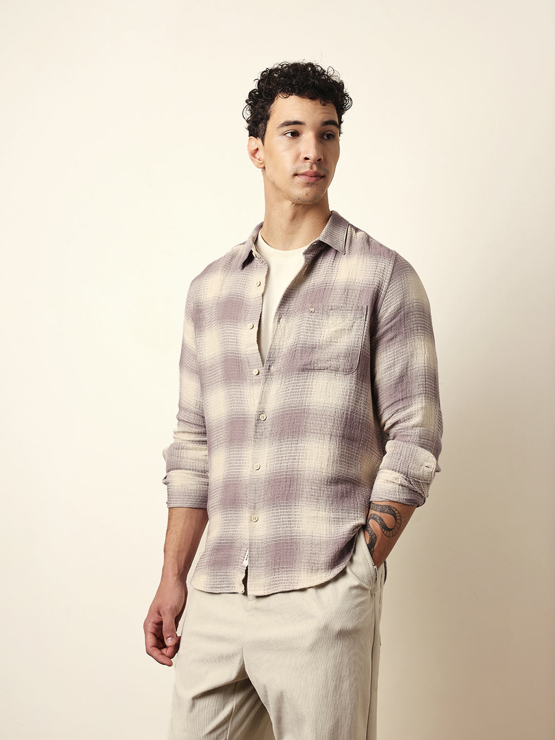 purple & cream woven textured checks regular fit casual shirt purple & cream woven textured checks regular fit casual shirt