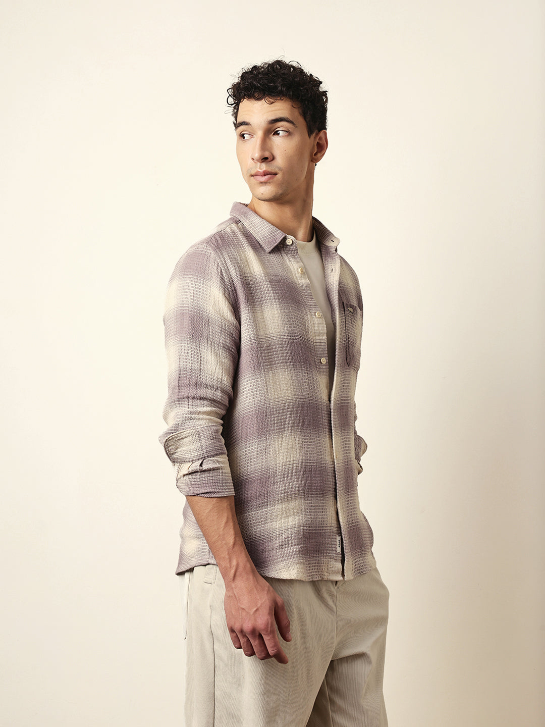 purple & cream woven textured checks regular fit casual shirt purple & cream woven textured checks regular fit casual shirt