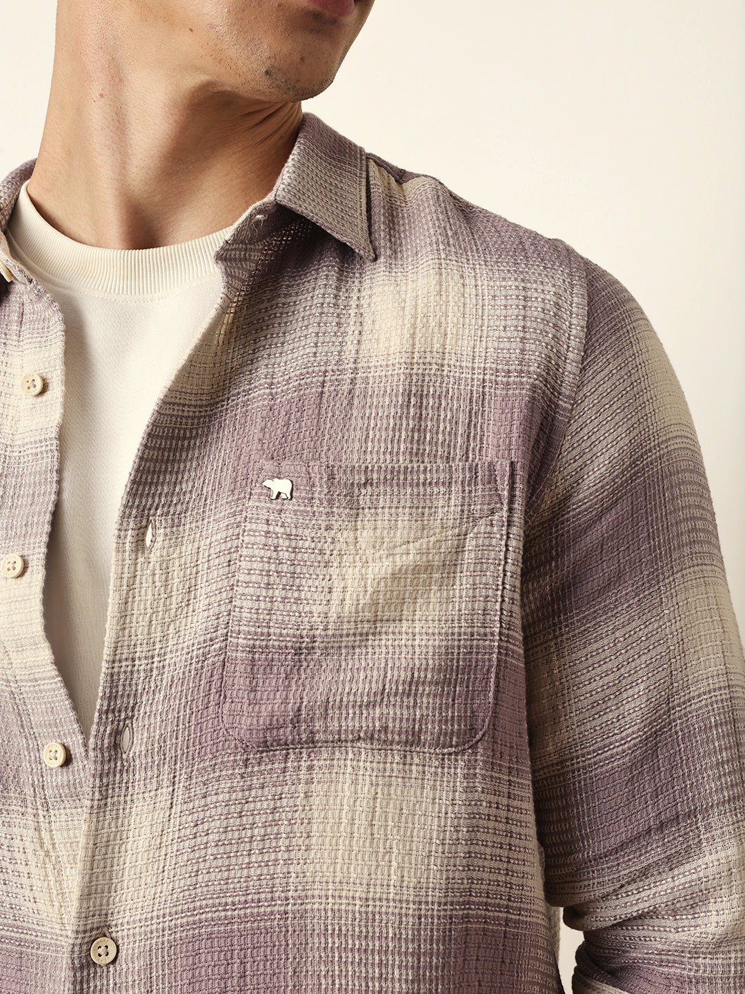purple & cream woven textured checks regular fit casual shirt purple & cream woven textured checks regular fit casual shirt