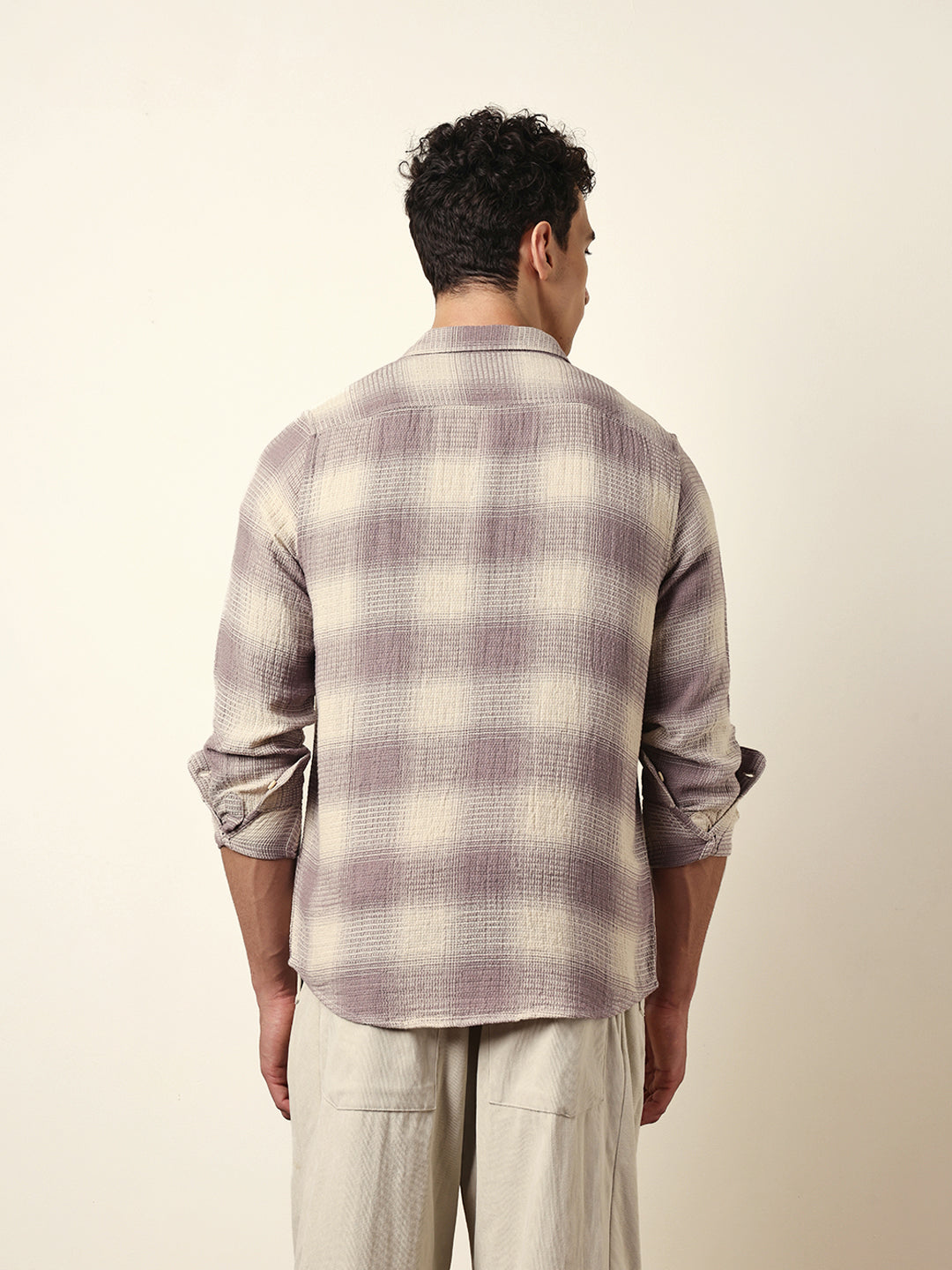 purple & cream woven textured checks regular fit casual shirt purple & cream woven textured checks regular fit casual shirt
