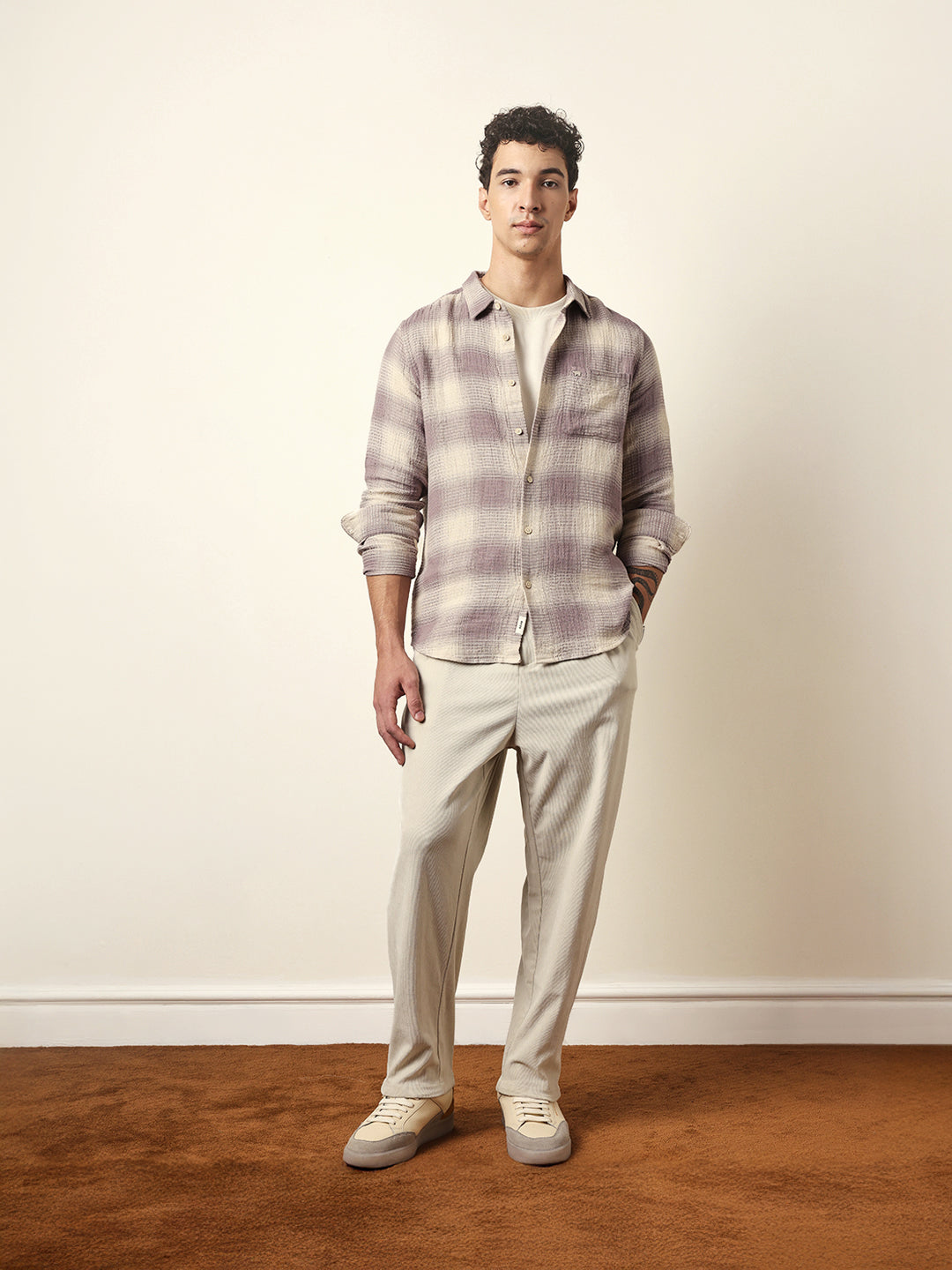 purple & cream woven textured checks regular fit casual shirt purple & cream woven textured checks regular fit casual shirt