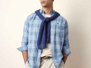 blue woven tartan checked slim fit casual shirt