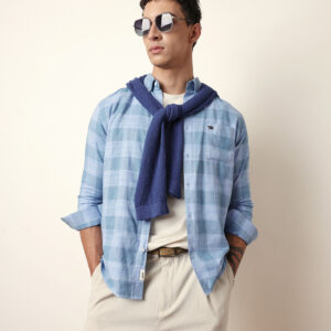 blue woven tartan checked slim fit casual shirt