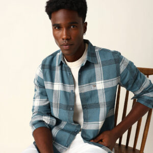 blue woven check slim fit casual shirt