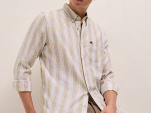 beige with white vertical stripes slim fit casual shirt