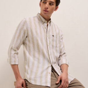 beige with white vertical stripes slim fit casual shirt