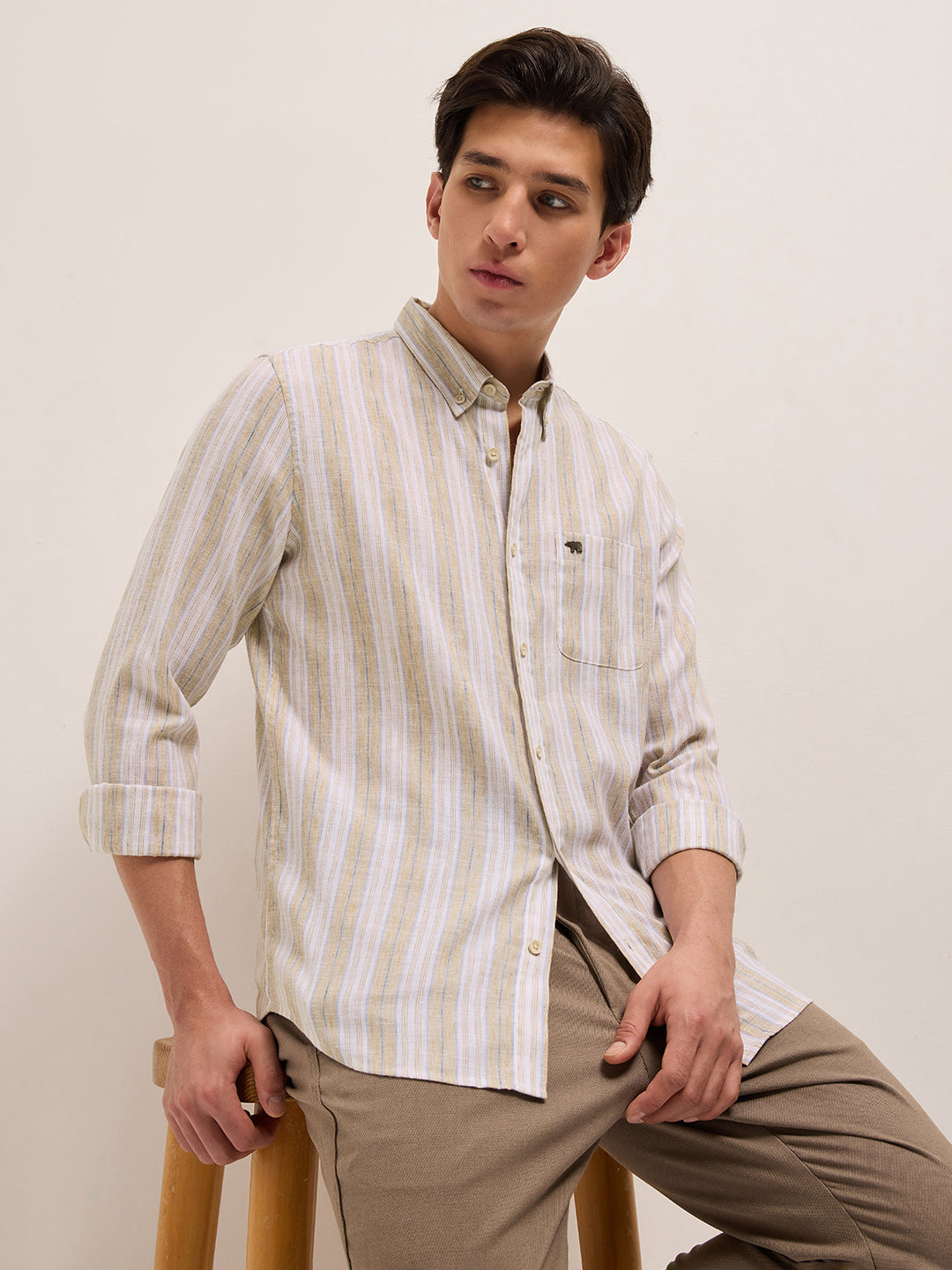 beige with white vertical stripes slim fit casual shirt beige with white vertical stripes slim fit casual shirt