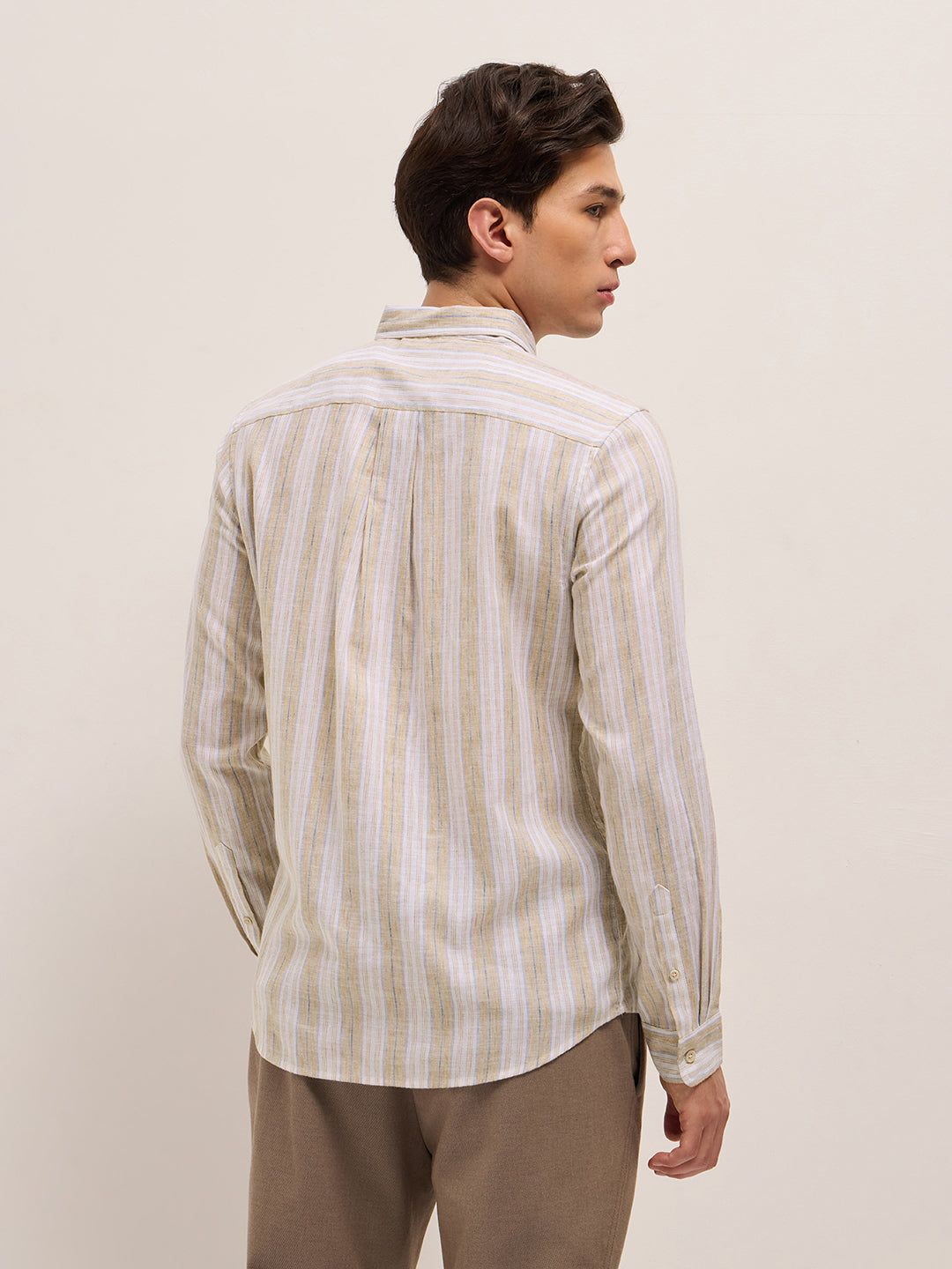 beige with white vertical stripes slim fit casual shirt beige with white vertical stripes slim fit casual shirt