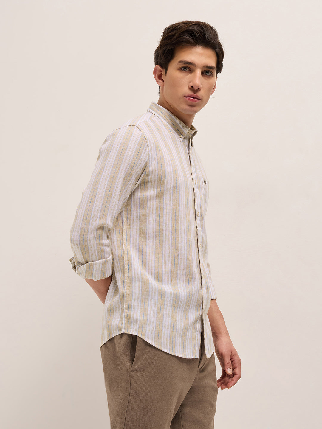 beige with white vertical stripes slim fit casual shirt beige with white vertical stripes slim fit casual shirt