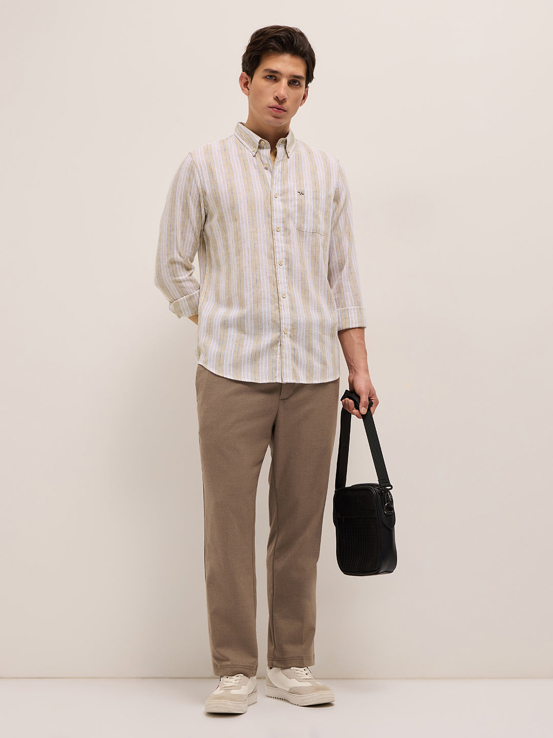 beige with white vertical stripes slim fit casual shirt beige with white vertical stripes slim fit casual shirt