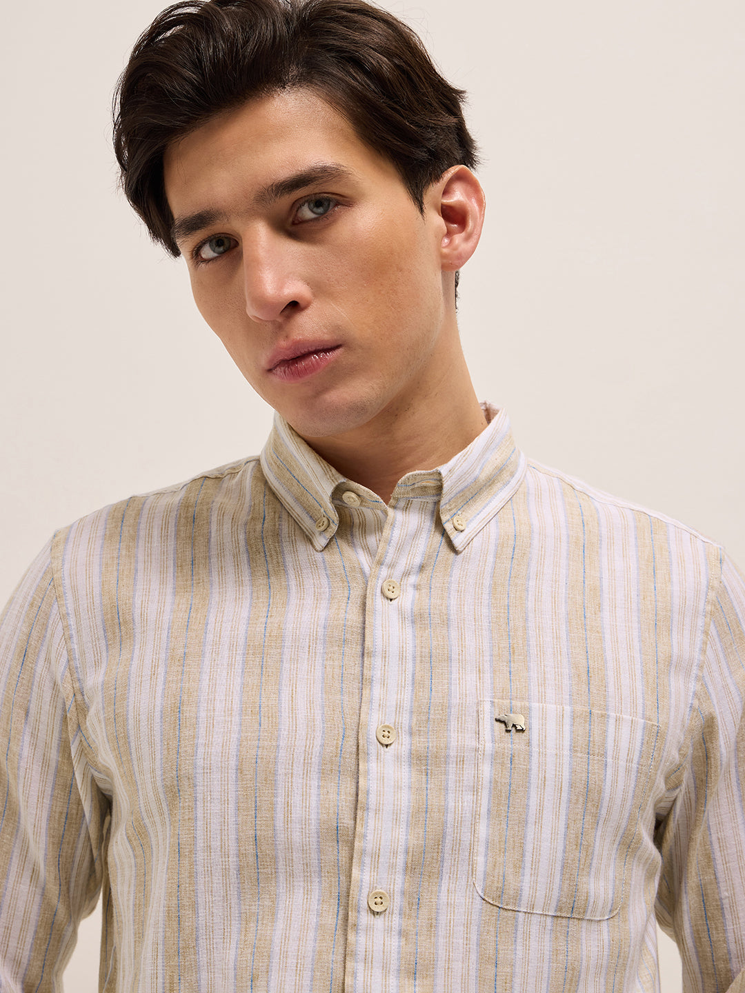 beige with white vertical stripes slim fit casual shirt beige with white vertical stripes slim fit casual shirt